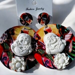 Round wooden and money Buddha earrings, earrings made of porcelain and wood, car